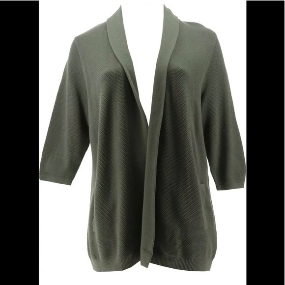 Lands' End Sweaters - Lands' End 3/4 Sleeve Textured Cardigan Sweater Dark Olive Green
